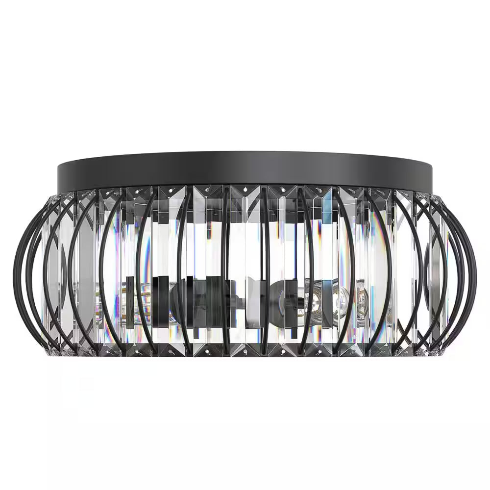 15 In. 3-Light Black Flush Mount Ceiling Light with Crystal Stripes Shade E26 Socket Modern Crystal Ceiling Fixture