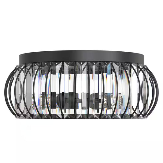 15 In. 3-Light Black Flush Mount Ceiling Light with Crystal Stripes Shade E26 Socket Modern Crystal Ceiling Fixture