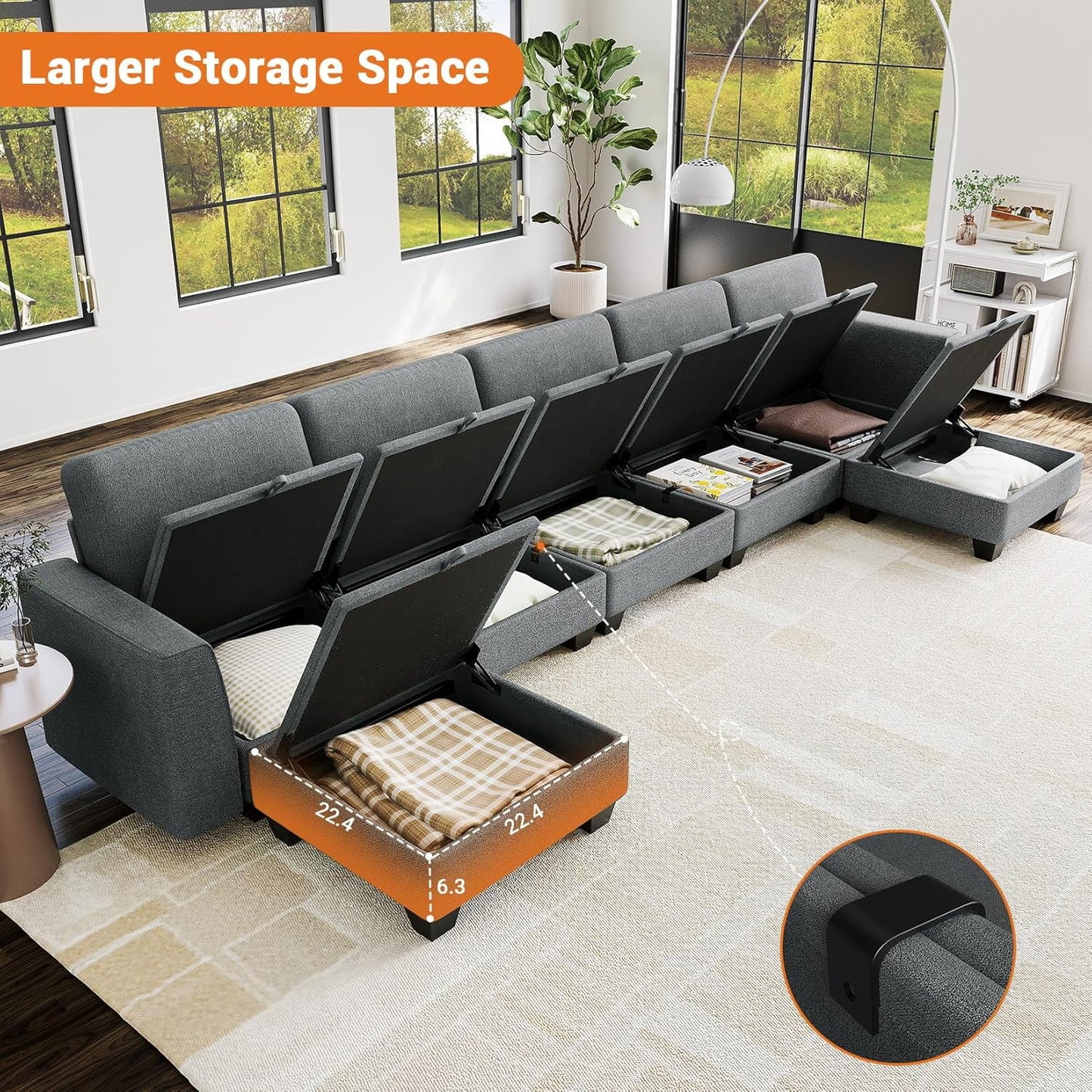 Modular Sectional Sofa with Storage, Oversized Convertible Couch for Living Room, Comfy Sectional Couches with Movable Ottoman, 140” 7 Seater L-Shaped Sofas U Shape, Linen, Dark Grey