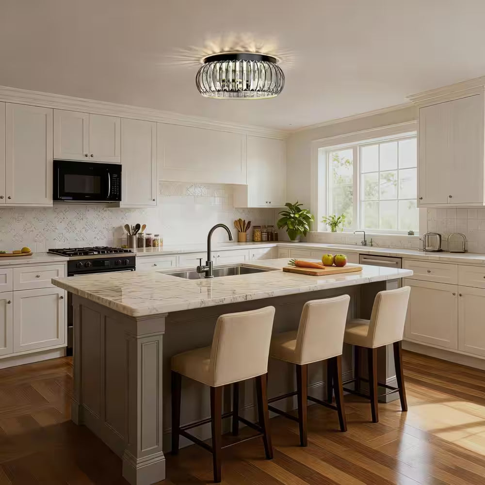 15 In. 3-Light Black Flush Mount Ceiling Light with Crystal Stripes Shade E26 Socket Modern Crystal Ceiling Fixture