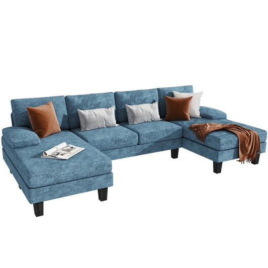 Modern U-Shape Sectional Sofa, Chenille Fabric Modular Couch, 4 Seat Oversized Sofa with Chaise for Living Room, Blue