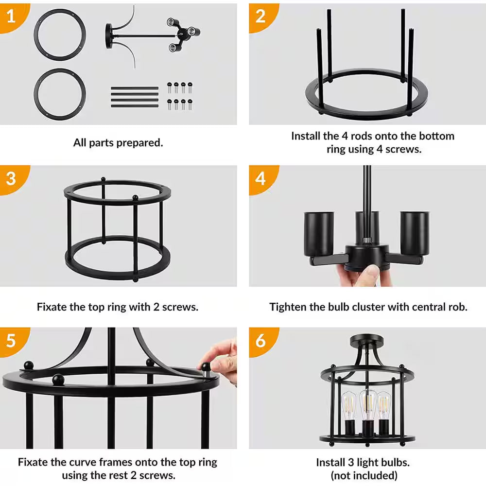 3-Light Black Farmhouse Semi Flush Mount Ceiling Light Fixture, Vintage Ceiling Mount for Dining Room Hallway Entryway