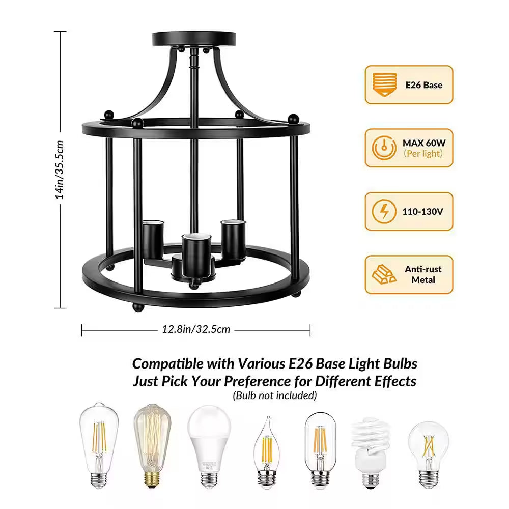 3-Light Black Farmhouse Semi Flush Mount Ceiling Light Fixture, Vintage Ceiling Mount for Dining Room Hallway Entryway