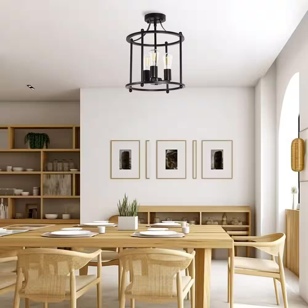 3-Light Black Farmhouse Semi Flush Mount Ceiling Light Fixture, Vintage Ceiling Mount for Dining Room Hallway Entryway