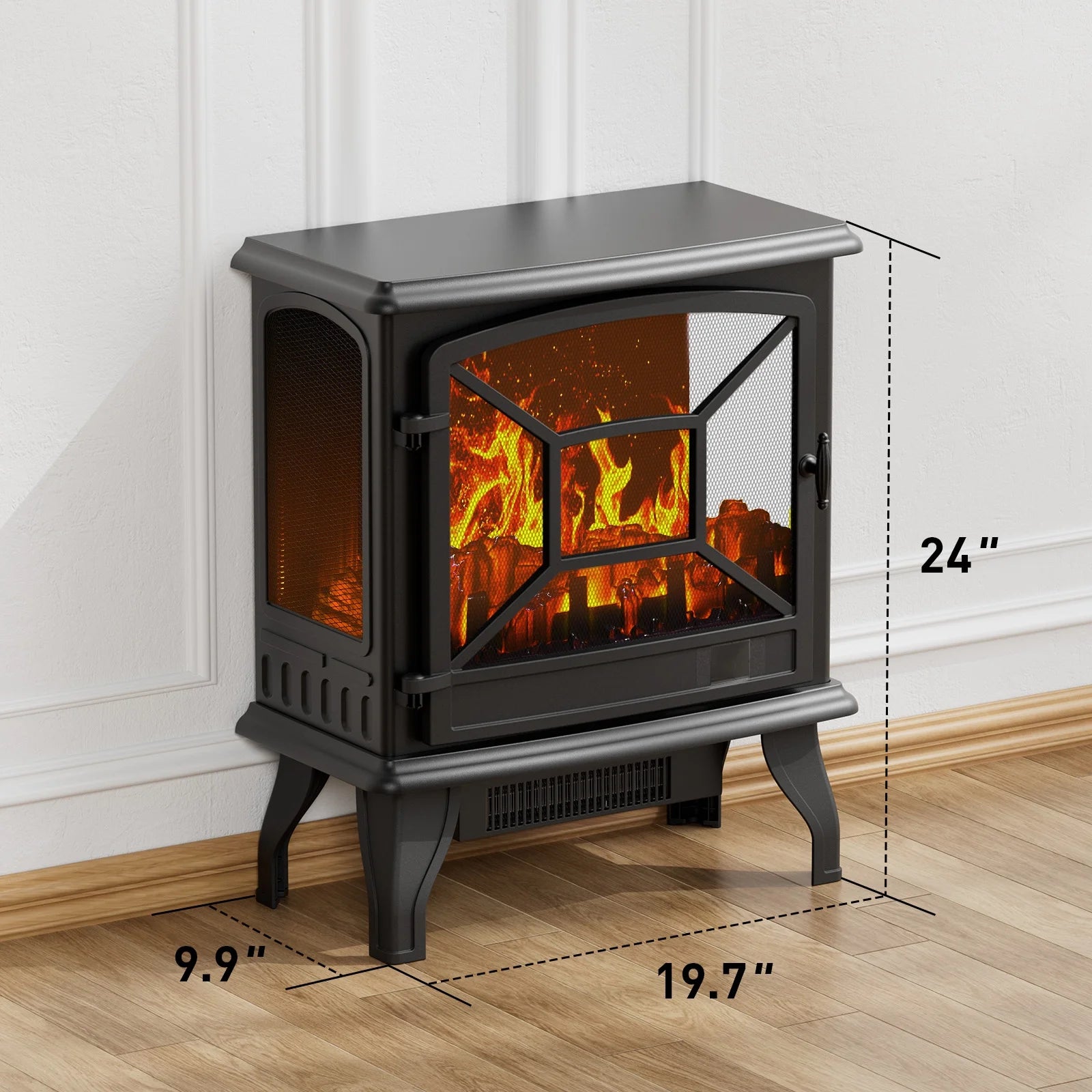 24'' Freestanding Electric Fireplace Heater Stove Portable Infrared Fireplace for Indoor, W/ Remote, Thermostat, 5 Variable Flame