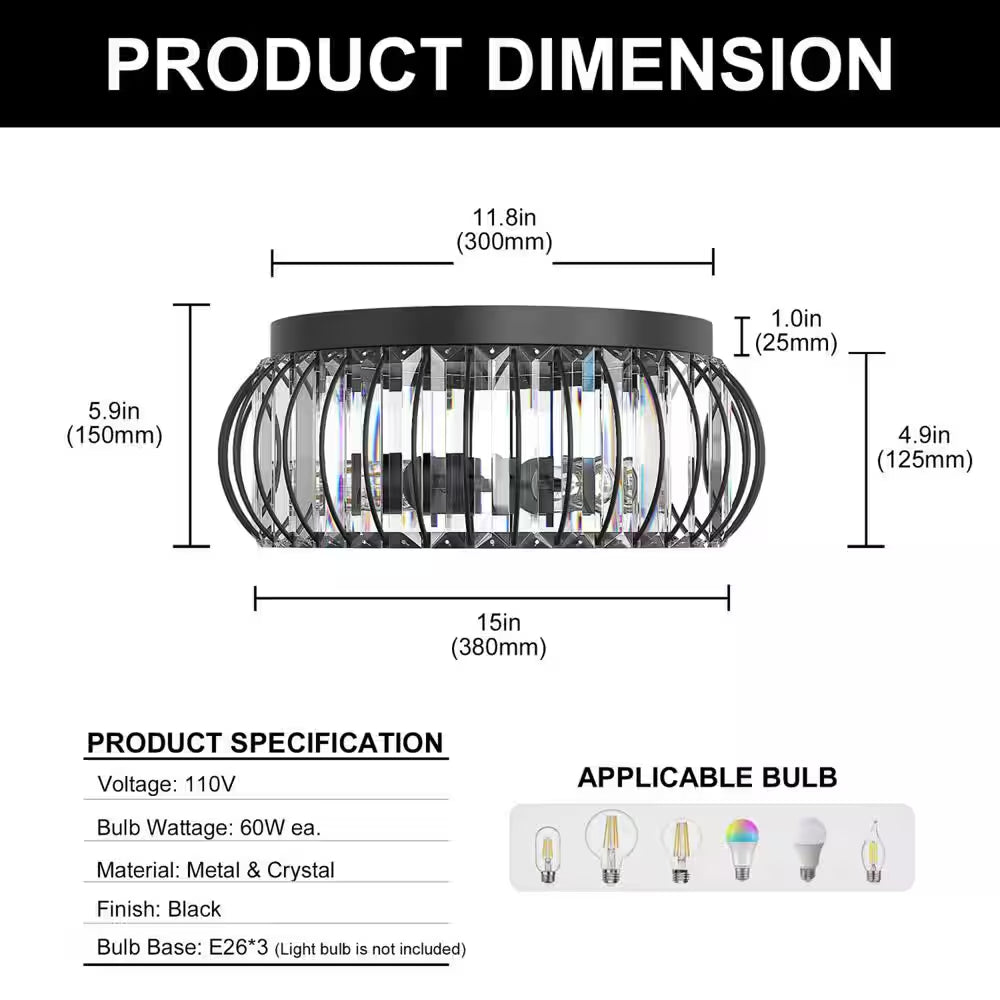 15 In. 3-Light Black Flush Mount Ceiling Light with Crystal Stripes Shade E26 Socket Modern Crystal Ceiling Fixture
