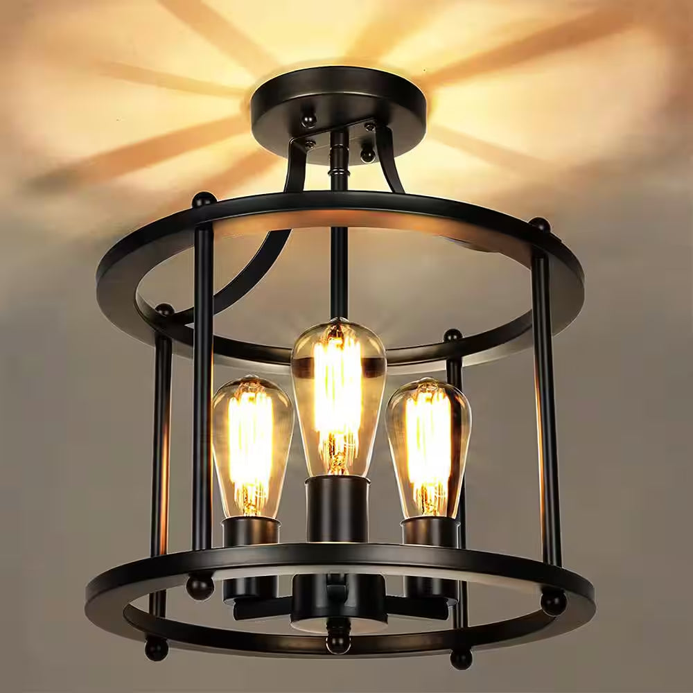 3-Light Black Farmhouse Semi Flush Mount Ceiling Light Fixture, Vintage Ceiling Mount for Dining Room Hallway Entryway