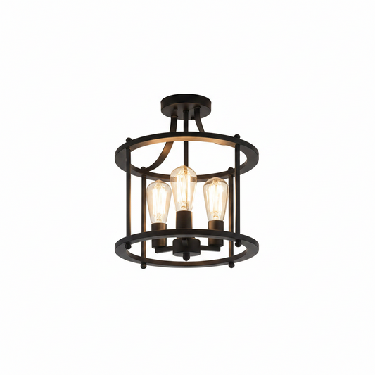 3-Light Black Farmhouse Semi Flush Mount Ceiling Light Fixture, Vintage Ceiling Mount for Dining Room Hallway Entryway