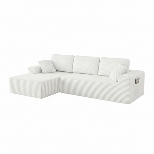 108" Boneless Sofa for Living Room,  Modern L-Shaped Corduroy Sectional, Modular Cloud Couch with Deep Seating Upholstered Sofa, Oversized,No Assembly, White